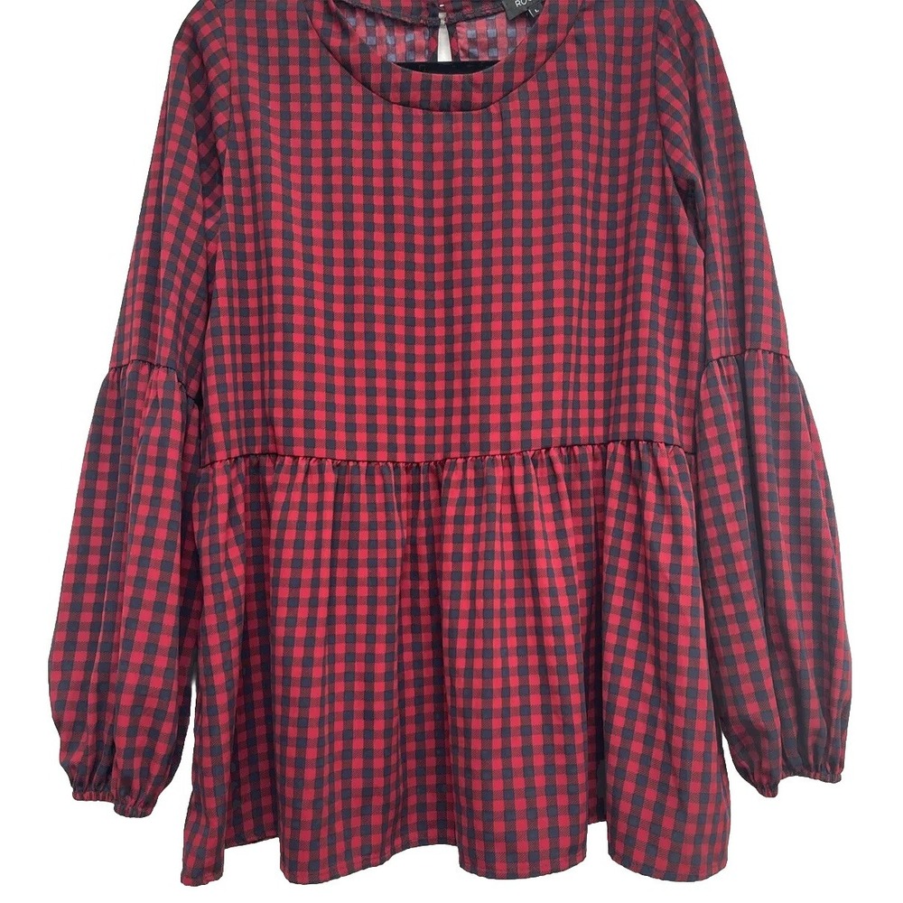 Roolee Navy Dark Red Top‎ Peplum Balloon Sleeve Size L